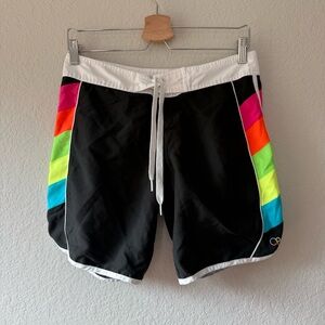 OP Ocean Pacific Black Board Shorts Rainbow Logo Accents Junior Size
